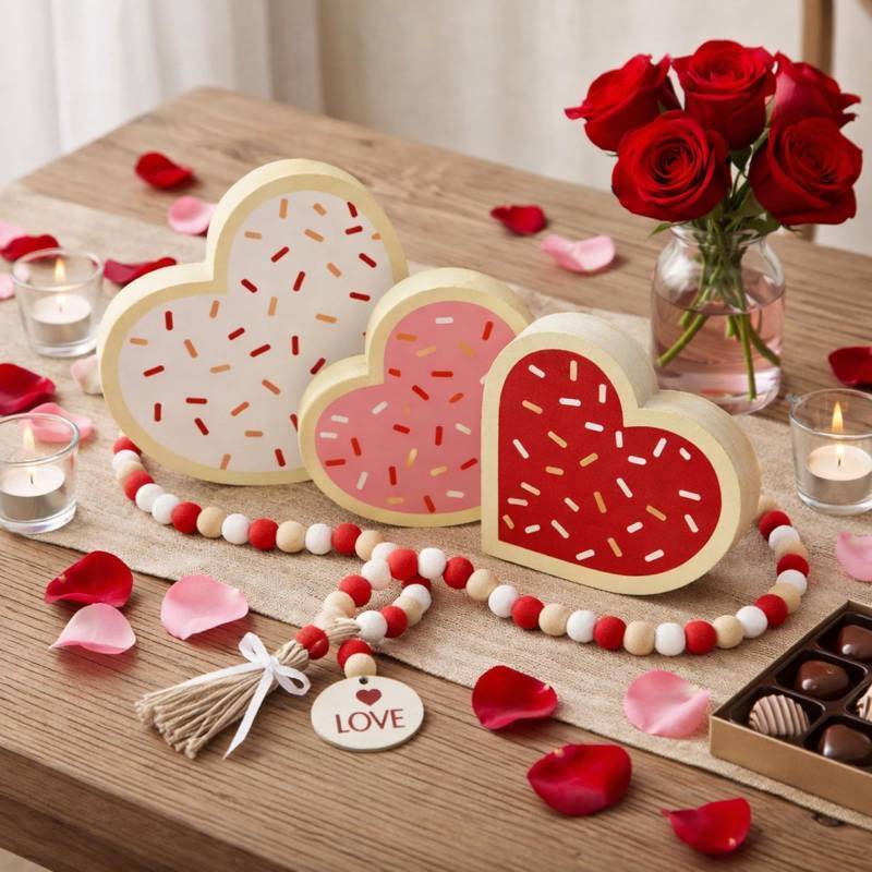 lot 4041 image: Chunful 3 Pcs Valentines Day Wooden Heart Valentine Tiered Tray Decor Shelf Decor Sugar Cookie Heart for Office Home Coffee Bar Tabletop Fireplace Wedding Birthday Party Supplies