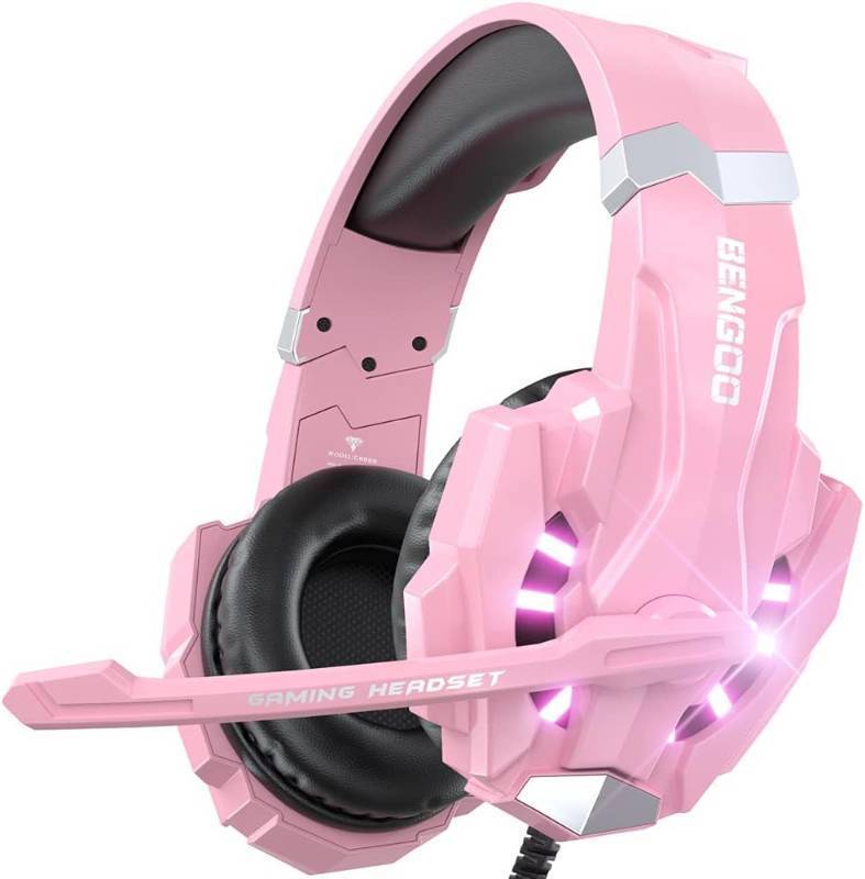 lot 4221 image: BENGOO G9000 Professional Gaming Headset for PS4, PC, Xbox One Controller, Noise Cancelling Over Ear Headphones with Mic, LED Light, Bass Surround, Soft Memory Earmuffs for Laptop - Pink - Retail $34