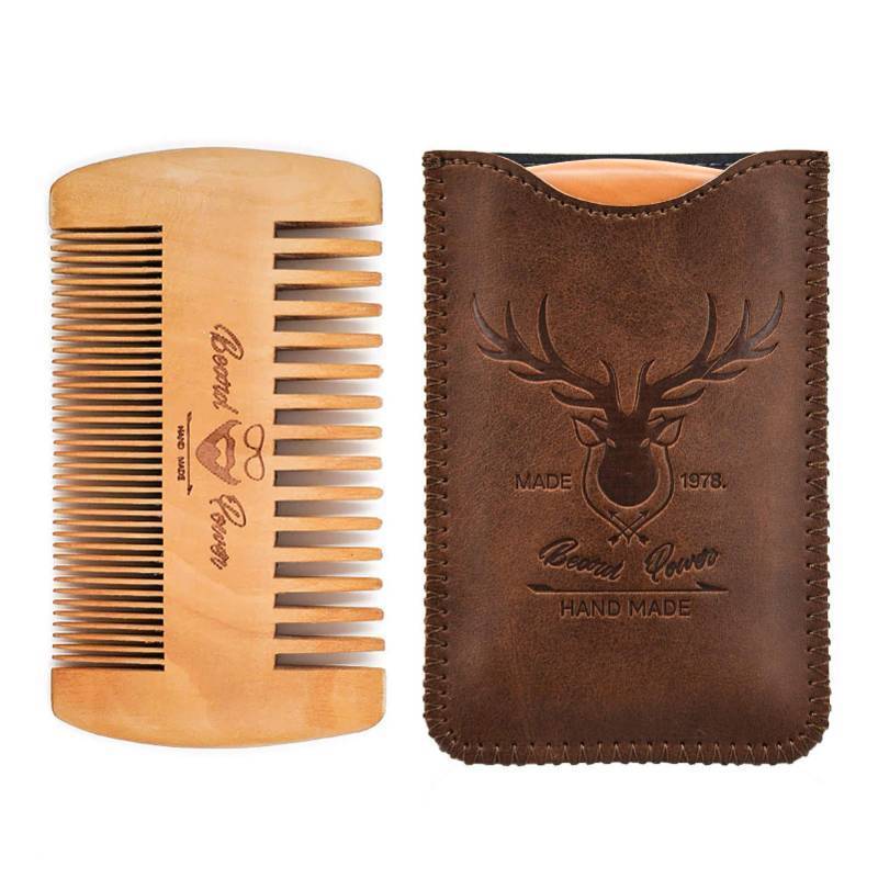 lot 4265 image: Menesia Wooden Comb with Durable Case - Fine &amp Coarse Teeth, Pocket Comb for Beards, Mustaches &amp Hair, Brown Deer Design