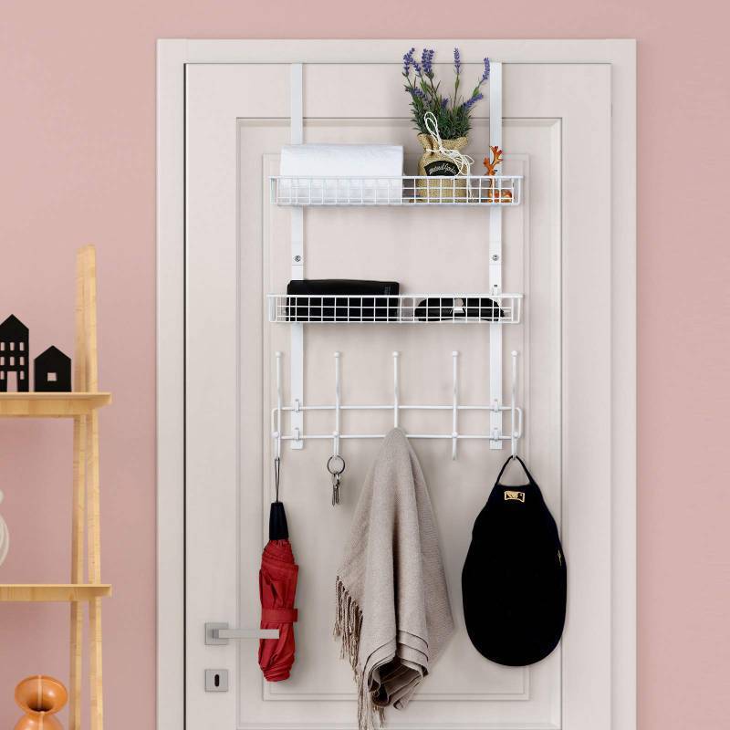 lot 4266 image: Over The Door Hanger Organizer with 2 Mesh Baskets & 5 Towel Hooks, Detachable Behind The Door Storage Towel Rack for Coats, Hats, Handbags, Easy Install Metal Hanging Hook Coat Rack Shelf, White - Retail $20