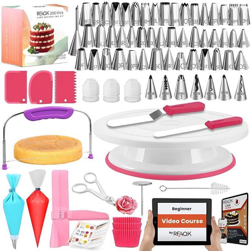 lot 4406 image: RFAQK 200PCs Cake Decorating Kit with Cake Turntable & Leveler, Baking Supplies Gift Includes 1101 Piping Bags,55 Icing Tips,2 Frosting Spatulas - Retail $27