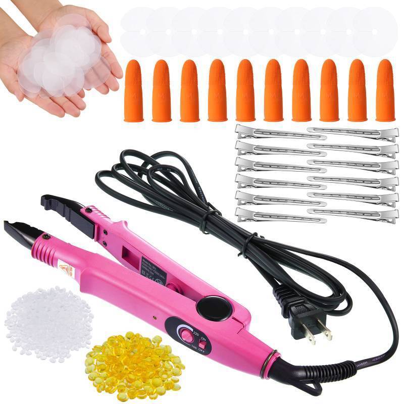 lot 4827 image: Lanties Hair Extensions Iron Fusion Keratin Hair Extensions Heat Tool Heat Connector Wand with Fusion Glue Protector Template Hair Clip Finger Protector 2 Bag Keratin Glue Granule Bead(Pink) - Retail $25