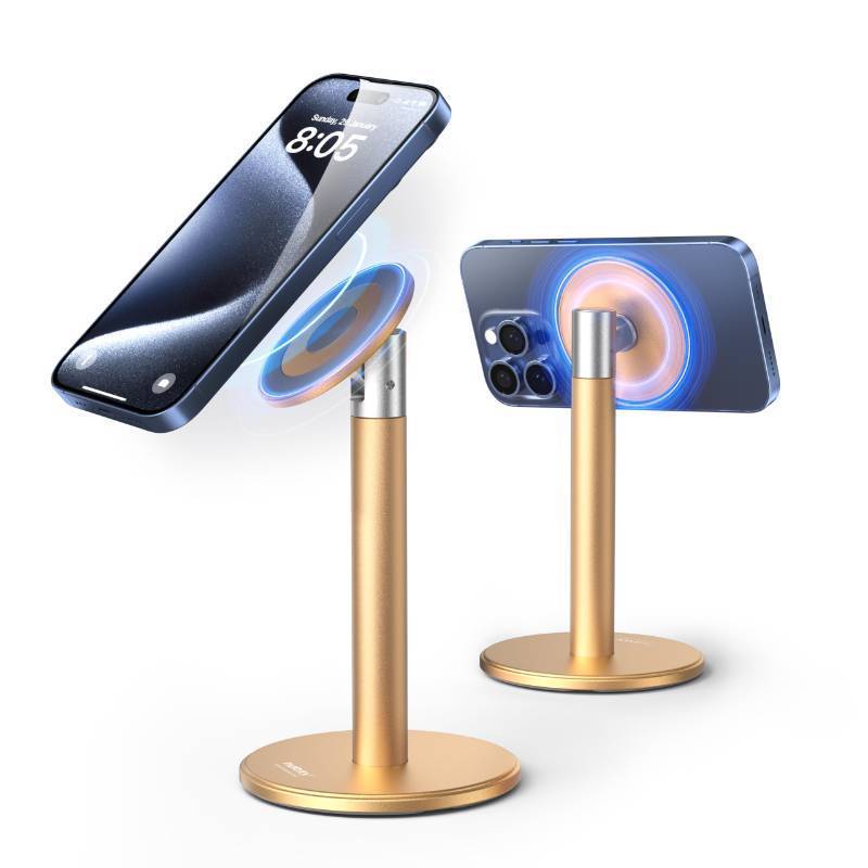 lot 4908 image: Nulaxy Magnetic Fully Aluminum Phone Stand, 360 Rotating Cell Phone Stand for Desk with Metal Ring, Adjustable Phone Holder Compatible with Phone 17 16 15 14 Pro Max and MagSafe Case, Gold - Retail $51