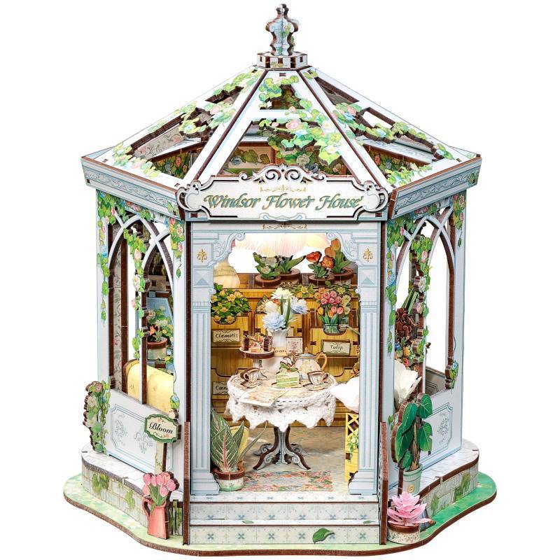 lot 4913 image: Cutefun Book Nook Kit - DIY Miniature House Dollhouse Kit for Adults, 3D Wooden Puzzle Flower House Model Kit Building Set Crafts for Home Decor Gifts for Family and Friends (Windsor Flower House) - Retail $44