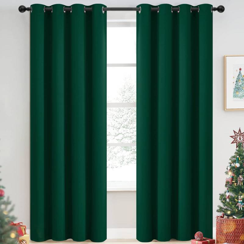 lot 4914 image: Yakamok Dark Green Blackout Curtains for Bedroom, Room Darkening Thermal Insulated Grommet Window Curtains, Light Blocking Blackout Drapes for Living Room,52Wx84L inch,2 Panels - Retail $20