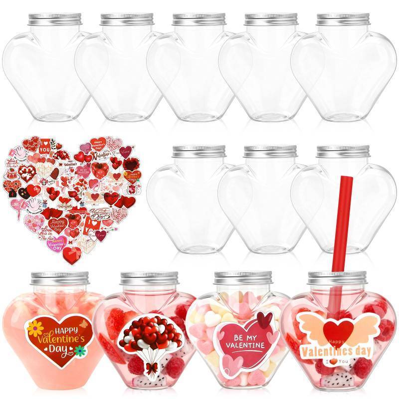lot 5171 image: Teecyhooo 12 Pcs Valentines Day Heart Shaped Cups with Lids Straws 10 oz Heart Plastic Bottles Containers Reusable Clear Beverage Drink Cups with Stickers for Valentines Party Favors Supplies