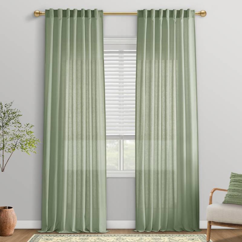 lot 5206 image: Sage Green Curtains 96 Inches Long for Bedroom Living Room, Cottage Core Linen Texture Semi Sheer Panel for Boho Farmhouse Style, 2 Panels Set - Retail $33
