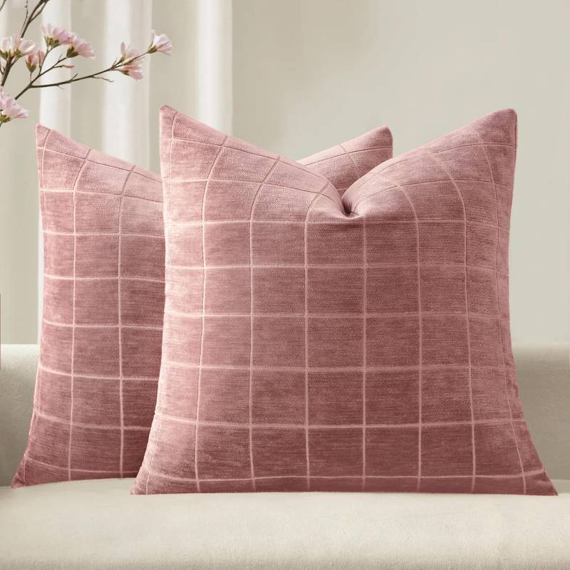 lot 5239 image: MIULEE Valentines Decorative Chenille Throw Pillow Covers Vintage Plaid Couch Pillows 18x18 Inch Set of 2 Boho Farmhouse Cushion Covers Modern Spring Home Decor for Sofa Bed Living Room Blush Pink - Retail $22