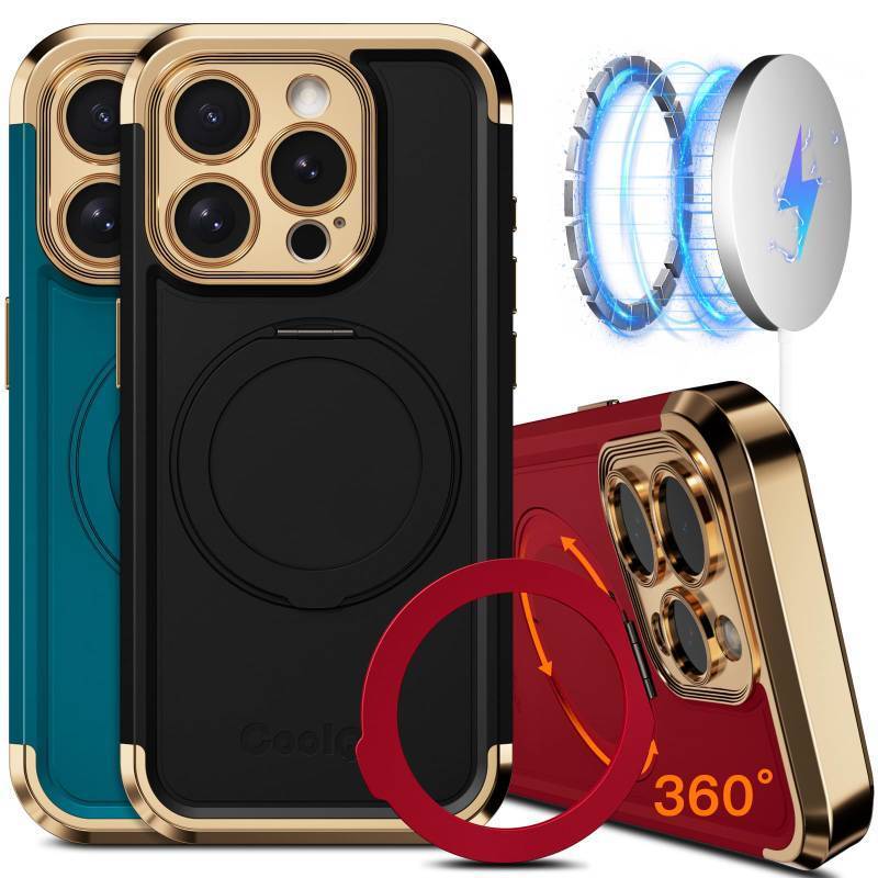 lot 5282 image: COOLQO for iPhone 15 Pro Max Case 6.7 Upgraded 360° Spin Magnetic Stand Compatible with MagsafeMilitary Protection Shockproof Protective Phone Holder Cover for iPhone 15 Pro Max, Black Gold - Retail $40