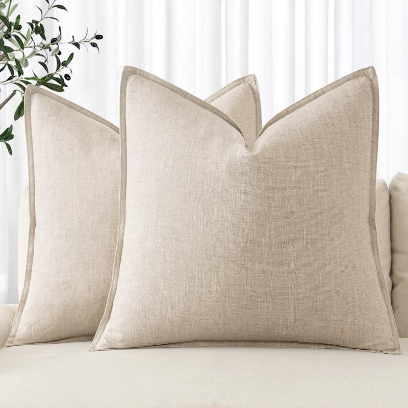 lot 5389 image: MIULEE Decorative Linen Euro Sham Pillow Covers 22x22 Inch Natural Beige Boho Farmhouse Neutral Couch Throw Pillows for Bed Pack of 2 Accent Modern Pillowcase Sofa Livingroom Home Decor - Retail $20