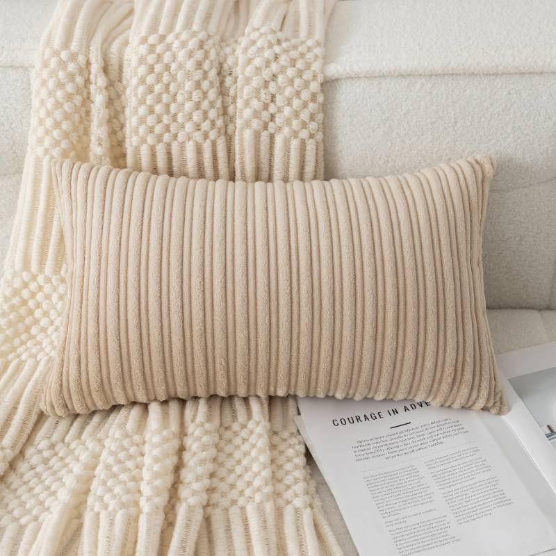 lot 5403 image: UGASA 12x24 Inch Pillow Cover Pack of 1 Soft Boho Stripe Corduroy Long Rectangular Lumbar Cushion Cover Farmhouse Decorative Throw Pillowcase for Bed, Couch, Sofa, Bedroom, Living Room, Beige - Retail $10