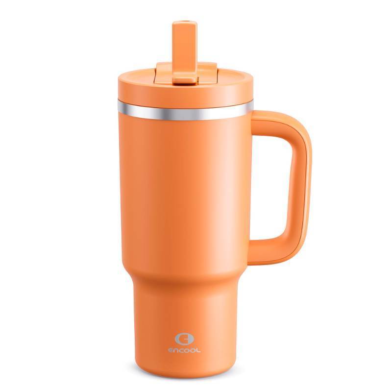 lot 5841 image: 32 oz Tumbler with Handle and Straw Stainless Steel Insulated Tumbler Keeps Cold for 24 Hours, Leakproof Travel Cup Fits in Cup Holder and BPA-Free,Moderate Orange - Retail $15