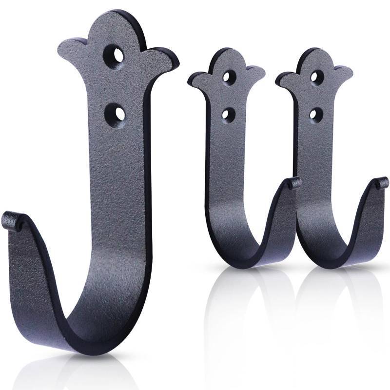 lot 5853 image: Decorative Iron Hooks, Black Wall Mounted Hooks Heavy Duty Rustic Metal Hanger for Hanging Coats, Hats & Bags, Rustic Towel, Key Holder, Scarves, Purses, Backpacks Home Decor (3) - Retail $18