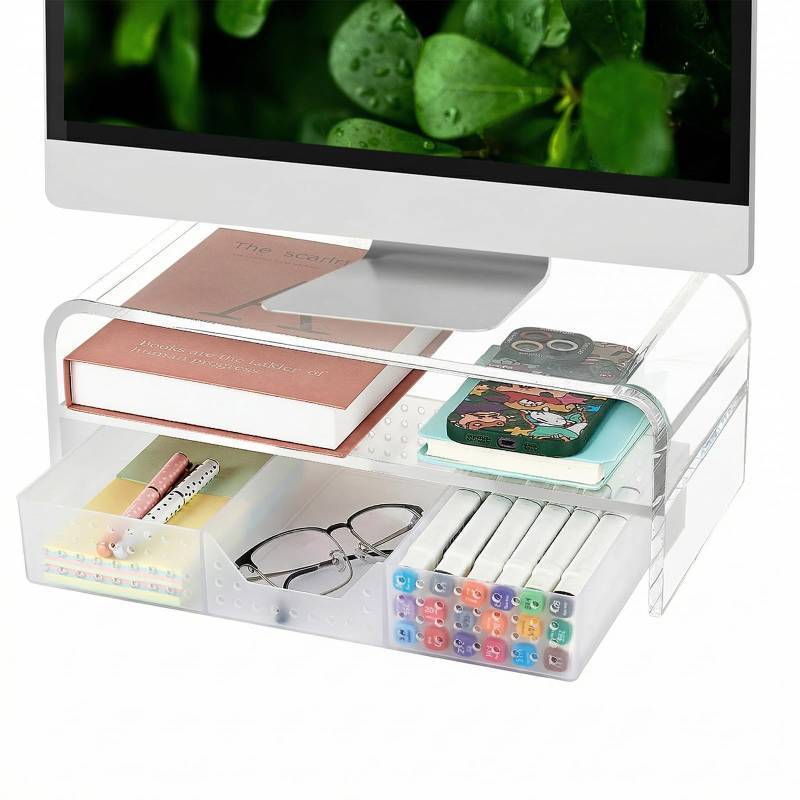 lot 5860 image: OPNICE Acrylic Clear Desk Organizers and Accessories, 2-Tier Computer Monitor Stand Riser with Drawer, Laptop Stand, Office Desk Accessories for Office Supplies, Transparent - Retail $37