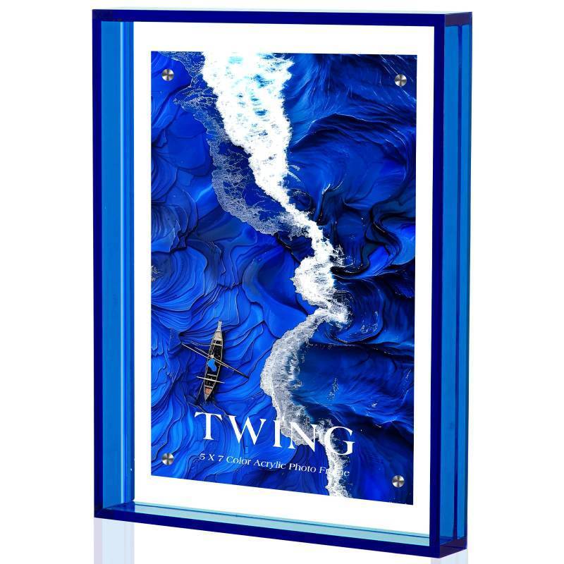 lot 6020 image: TWING 5x7 Picture Frame, Acrylic Photo Frame Self Standing Magnetic Color Floating Picture Frame Use as 5x7, 5x5, 4x6 - Horizontal and Vertical Formats for Wall and Tabletop Display, Blue, 1 Pack - Retail $25