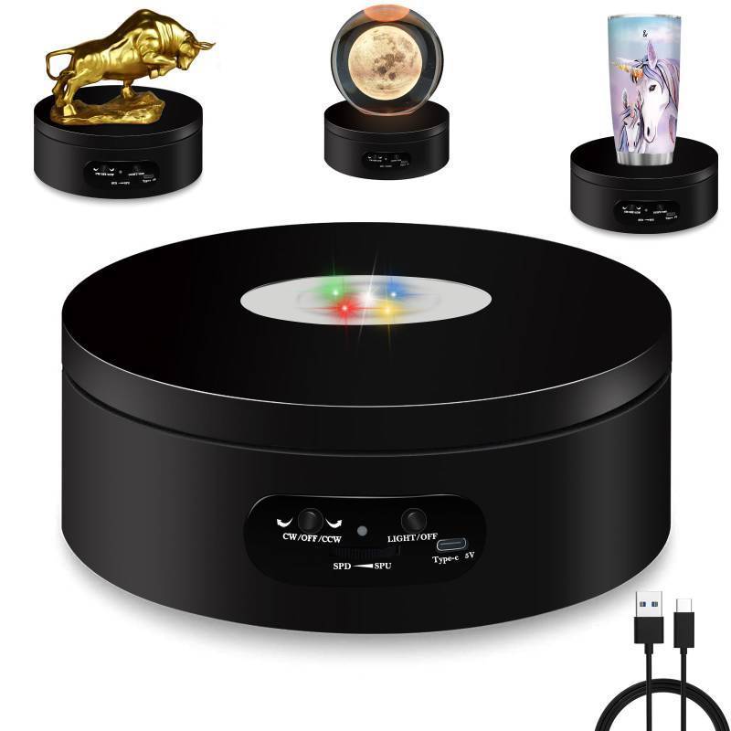 lot 6180 image: YVV LED Rotating Display Stand, Lighted Base-Crystal Glass Art, 360 Degree Automatic Mute Rotating Turntable, Motorized Display Stand with Colorful Lights, Tumbler Supplies Spinner 4.72in - Retail $16