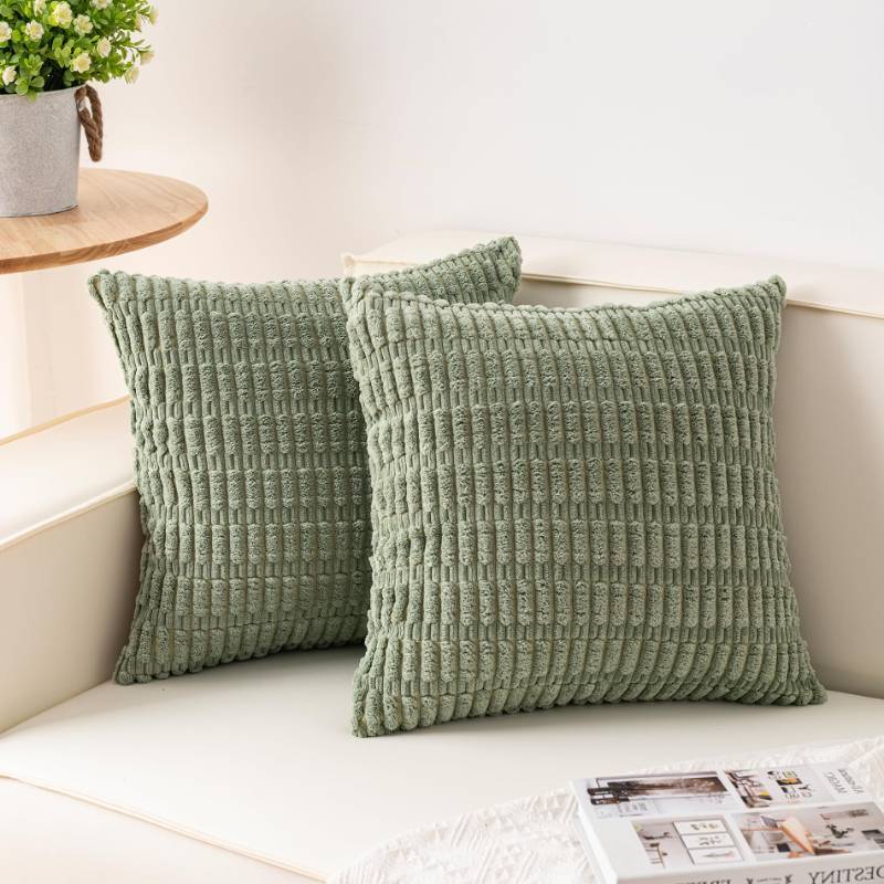 lot 6201 image: Aegero Pack of 2 Corduroy Decorative Throw Pillow Covers 18x18 InchSoft Boho Striped Pillow Covers Modern Farmhouse Home Decor for Sofa Living Room Couch Bed Sage Green - Retail $9