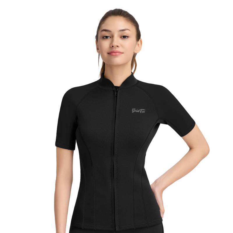 lot 6780 image: GoldFin Women Wetsuit Top, Womens Short Sleeve Wet Suit Jacket Neoprene Front Zip 2mm Swim Jackets Scuba Swimming Diving Snorkeling Water Aerobics, Black, Medium - Retail $46