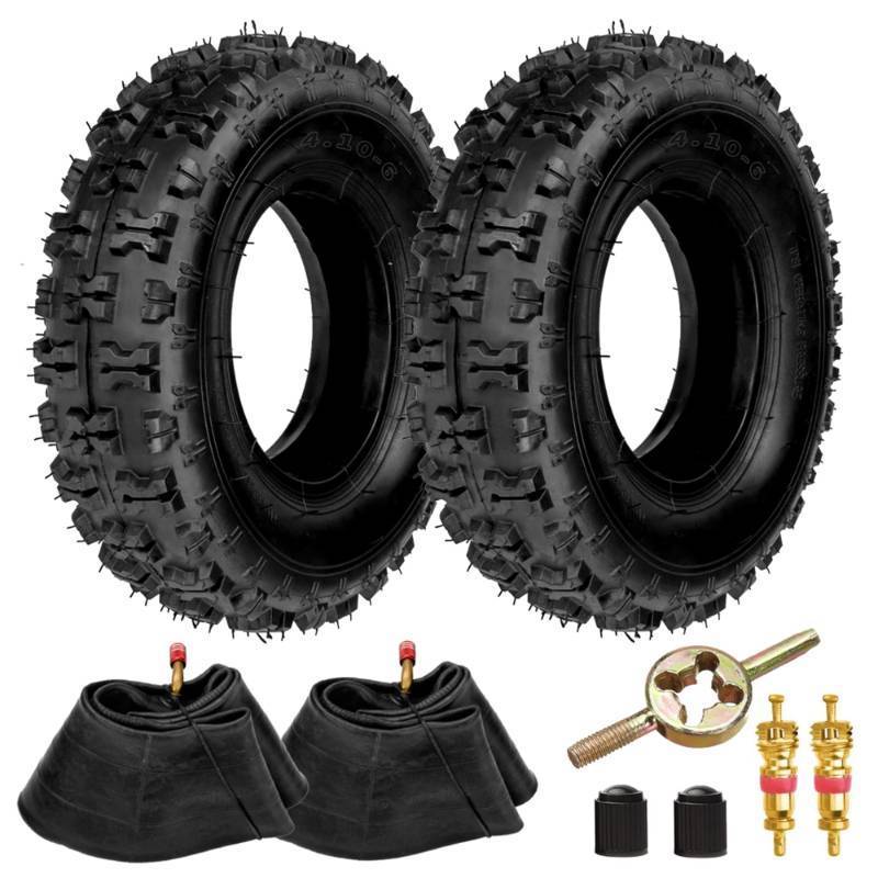 lot 6944 image: FVRITO 4.10-6 4.103.50-6 Tire and Inner Tube with TR87 Bent Valve Stem for Lawn Mower Snow Blower Wheelbarrow Lawn Tractor Rototiller Hand Trucks Go Kart Chinese ATV Quad 4 Wheeler Mini Bike 2 Pack - Retail $47