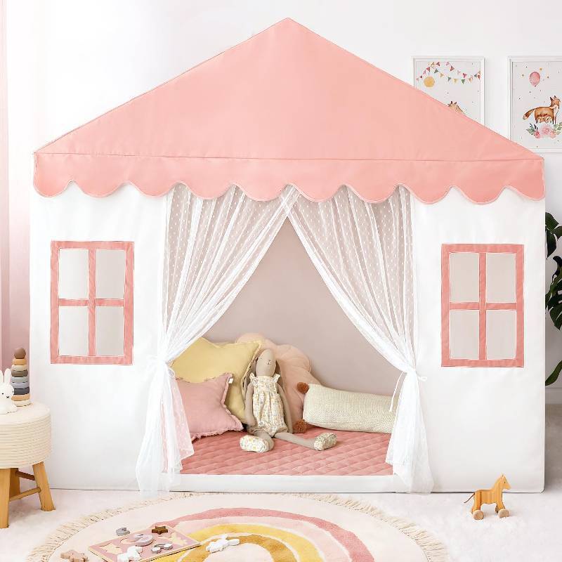 lot 7062 image: Kids Play Tent with Mat, Large Playhouse Play Tent Indoor for Girls, Kids Tent Toys for Toddlers Children Play House for Birthday Toy House Gift (Pink) - Retail $52