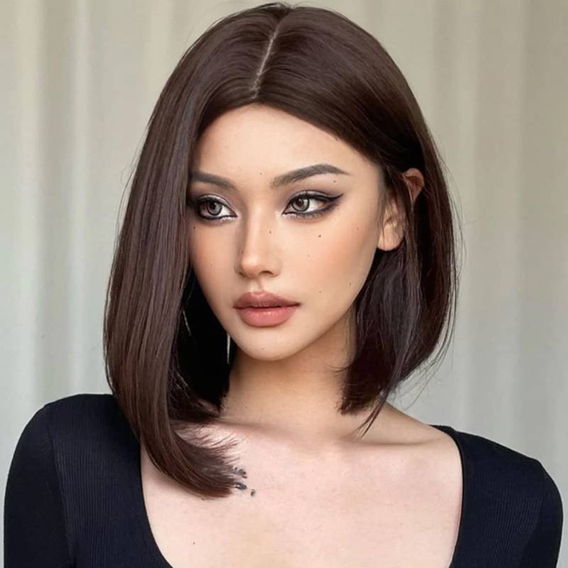 lot 7201 image: MIMAN 14 Inch Shoulder Length Dark Brown Straight Bob Wigs Synthetic Medium Length Bob Hair Replacement Wig Halloween Costume Wigs for Women - Retail $22