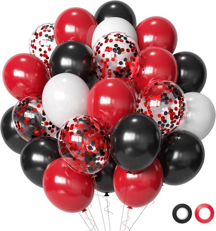 lot 7327 image: Red and Black Latex Balloons, 50Pcs 12inch Black Red White Party Balloons for Birthday,Wedding,Casino Party, Race Car Party,Valentines Day Party Events Decorations - Retail $7