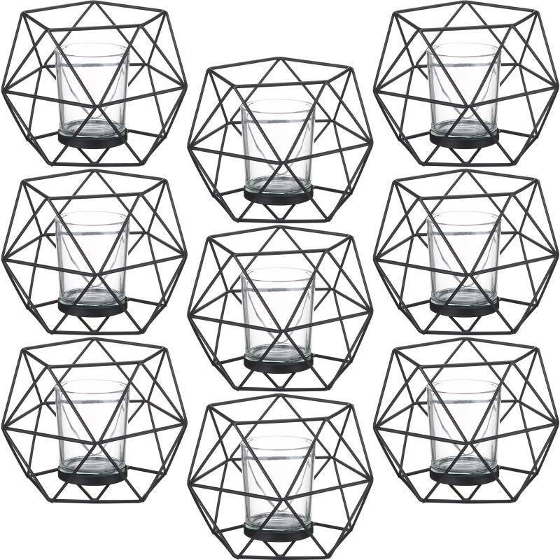 lot 7450 image: Potchen Geometric Candle Holder Votive Stand Accent Bulk Decorative for Thanksgiving Christmas Living Room Wedding Table Centerpiece Decor Party Supplies (Black, 9 Pcs)