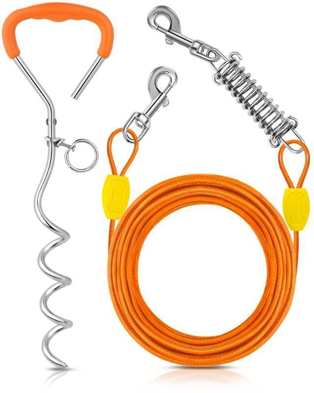 lot 7547 image: Petbobi Dog Tie-Out Cable and Stake - 20ft Heavy Duty Cable with Spring, No Tangle, 16in Ground Stake, Ideal for Yard, Camping and Beach, Suitable for Small Medium Large Dogs Up to 120 lbs, Orange - Retail $21