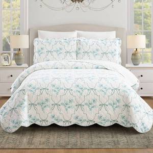 lot 8952 image: Modern Heirloom 3pc King Floral Frames Quilt Bedding Set Blue - Retail $80