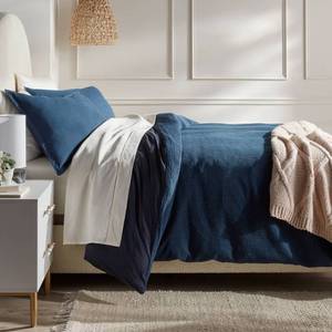 lot 8960 image: FullQueen Washed Waffle Weave Duvet Cover and Sham Set Navy - Threshold Cotton, OEKO-TEX Certified, 3-Piece - Retail $69