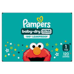 lot 8978 image: Pampers Baby Dry Diapers Super Pack - Size 1 - 120ct 8-14 lbs, Wetness Indicator, Elastic Sides, Aloe - Retail $75