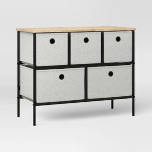 lot 8988 image: 36 Wide Fabric Bin 5 Dresser Black Frame - Room Essentials - Retail $100