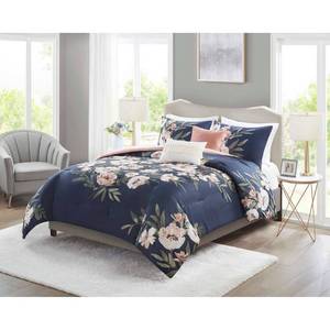 lot 8990 image: 5pc FullQueen Leilani Floral Print Comforter Bedding Set - NavyBlush Woven Polyester, Includes Decorative Pillows - Retail $89