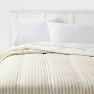 lot 9017 image: King Lofty Microfiber Printed Comforter KhakiWhite Striped - Room Essentials Year-Round, Teen-Friendly - Retail $40