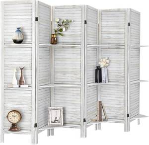 lot 8921 image: RHF Panel Partition Wood Room Divider, Wood Folding Room Divider Screens, Panel Divider&Room Dividers, Room Dividers and Folding Privacy Screens with Shelves (Coconut, 6 Panel)