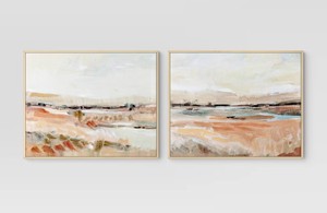 lot 8951 image: (Set of 2) 24 x 30 Faded Landscape Framed Wall Canvases Natural - Threshold Polystyrene Frame, Blockprint Art - Retail $115