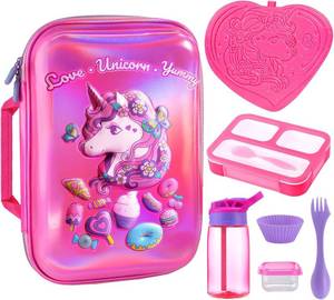 lot 1008 image: Kids Lunch Box Bag Set Girls Unicorn Lunch Bags Bento Boxes with 3-Compartment Included Ice Pack Water Bottle Insulated Lunchbag Reusable School Lunchbox Containers Kit for Toddler Daycare Childrens