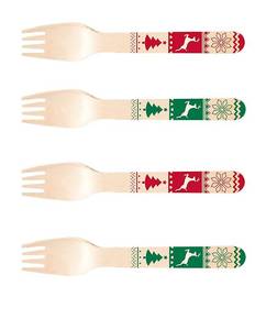 lot 2057 image: Perfect Stix Wooden Disposable Forks with Christmas Design. Pack of 50 Count. Colors are Red and Green. 6 Inch Printed Wooden Forks
