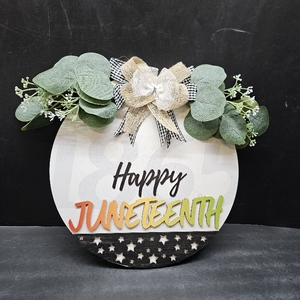 lot 2100 image: Farmhouse Happy Juneteenth Round Wood Wreaths 12 Wall Hanging Outdoor Sunflower Sign with Greenery Decor Wood Hanging Sign Farmhouse Porch Decorations Housewarming Gift 12
