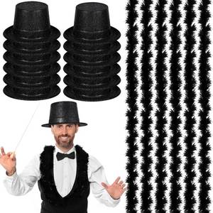 lot 2158 image: 24 Pcs Halloween Magician Costume Set 12 Pcs Black Top Hat for Adults 12 Pack Feather Boas Plastic Glitter Retro Disco Hats for Halloween Costume Accessories 1920s Masquerades Party