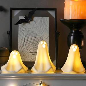 lot 2217 image: AOMOONOA Ceramic Ghost Decor, 3Pcs Light Up Ghosts for Indoor Halloween Decorations, Battery Powered White Mini Ghost Figurines with LED for Spooky Halloween, Home Tabletop Shelf Centerpieces