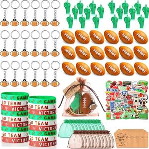lot 2238 image: HyDren 158 Pcs Football Party Favors Set 18 Football Keychains 18 Silicone Bracelets 18 Mini soccer 18 Whistles 50 Stickers 18 Organza Bags 18 Thank You Tags for soccer Party Supplies