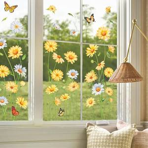 lot 2248 image: FYSUIMU 9 Sheets Spring Summer Daisy Window Cling Sticker White Yellow Floral Butterfly Reusable Double-Side Window Decals for Home Office Classroom Party Shop Decorations