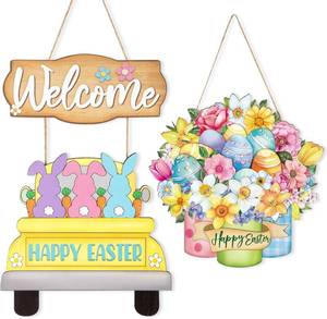 lot 2259 image: Sophena Easter Decoration Wood Door Wall Signs, Wooden Wreaths Front Door Sign Bunny Rabbit Sign Egg Truck Mason Jar Ornaments Hanging Crafts for Spring Home Farmhouse Party Porch Wall Decor, Large