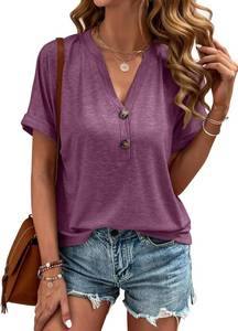 lot 2261 image: EADINVE Womens Tshirts V Neck Short Sleeve Buttons Tops Tee Solid Color Blouse Loose Fit Wine Medium