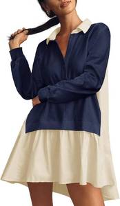 lot 2270 image: Large Womens Oversized Sweatshirt Dress Long Sleeve V Neck Patchwork Casual Pullover Tops Loose Fit Mini Dresses