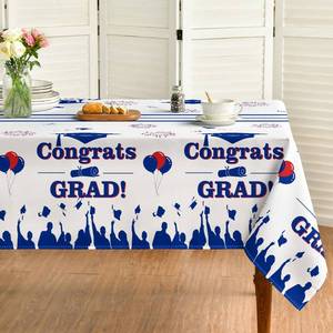 lot 2279 image: Horaldaily Graduation Tablecloth 60 120 Inch Rectangular, Congrats Grad White Blue Washable Seasonal Table Cover for Graduation Party Decorations and Party Supplies