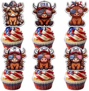 lot 2348 image: Brown Glitter Cute Cow Dessert Cupcake Topper Cheer to 4th of July Independence Day Theme Decorations Supplies American National Day Anniversary Party Decor set 18pcs
