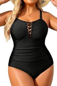 lot 1050 image: Yonique Women Black Plus Size One Piece Swimsuits Tummy Control Bathing Suits Vintage Swimwear 16plus