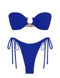 lot 1055 image: ZAFUL Textured Bandeau Bikini Set Swimsuits for Women 2 Piece Triangle Bathing Suit High Cut String Swimwear Royal Blue L